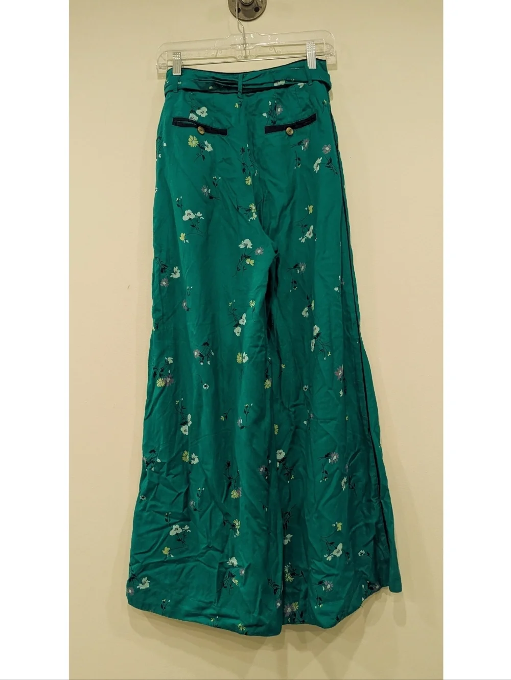 Free People Green Floral Wide Leg Viscose Pants Size 2